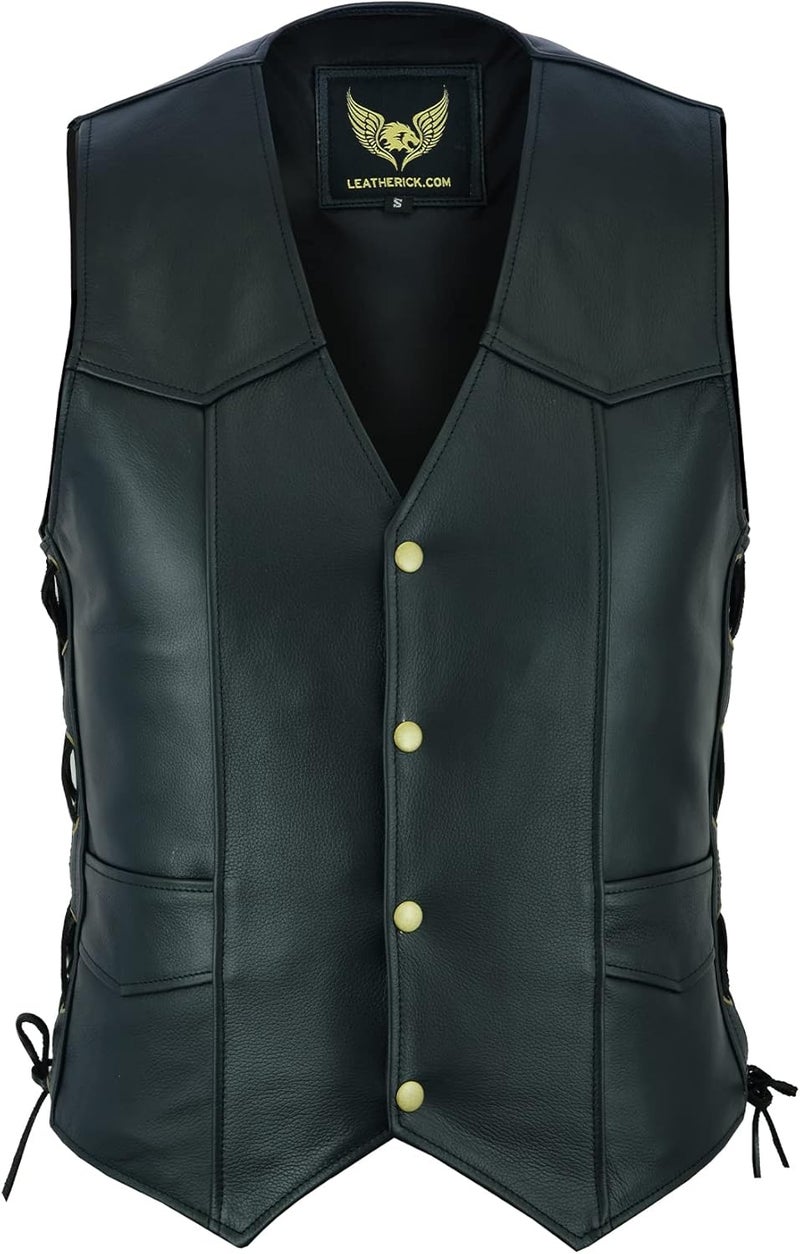 Leatherick Men Premium Top Grain Cowhide Classic Motorcycle Leather Waistcoat Vest with Side Laces Black - Image 2