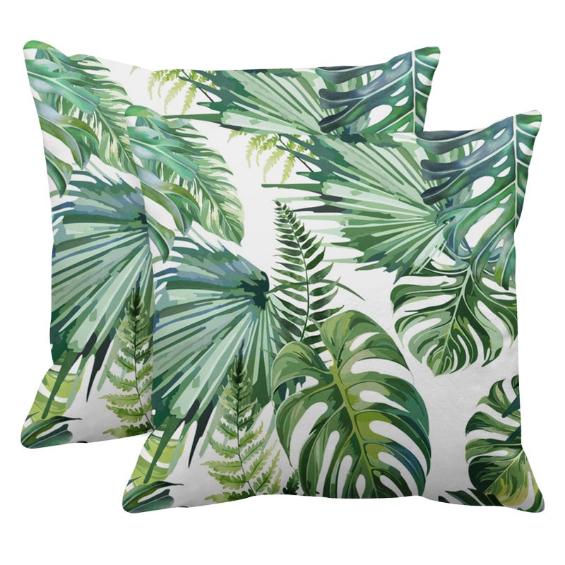 Emvency Set of 2 Throw Pillow Covers Tropical Watercolor Artistic Modern Green Palm Leaf Decorative Pillow Cases Home Decor Standard Square 18x18 Inches Summer White Pillowcases