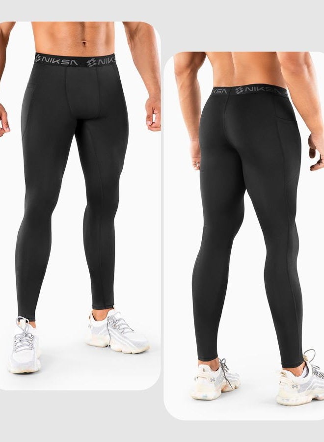 Niksa 1/3 Pack Men's Compression Pants with Pocket, Performance Athletic Sports Leggings & Gym Tights for Running Yoga Basketball Workout Sports Black - Image 2
