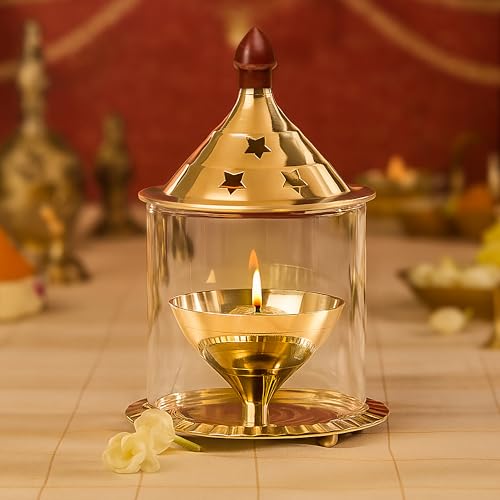 Thangam Medium Size Akhand Diya Decorative Brass Glass Oil Lamp | Tea Light Holder | Diya with Borosilicate Glass | Puja Dia for Mandir | Lantern Dia (13CM) - Image 1