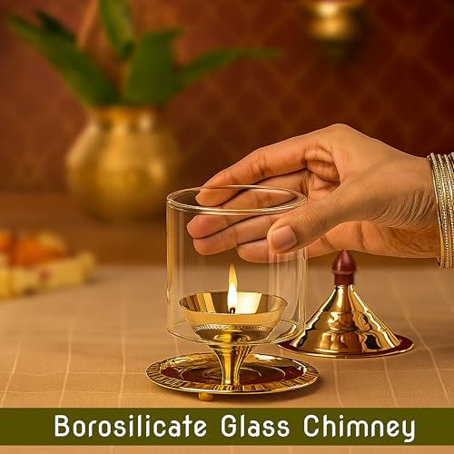Thangam Medium Size Akhand Diya Decorative Brass Glass Oil Lamp | Tea Light Holder | Diya with Borosilicate Glass | Puja Dia for Mandir | Lantern Dia (13CM) - Image 5