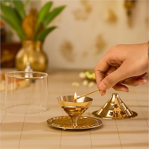 Thangam Medium Size Akhand Diya Decorative Brass Glass Oil Lamp | Tea Light Holder | Diya with Borosilicate Glass | Puja Dia for Mandir | Lantern Dia (13CM) - Image 3