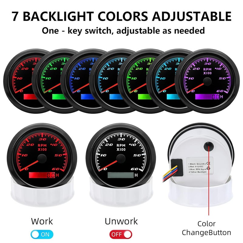 MAIMEIMI Tachometer Gauge 7 Color 0-6000 RPM Tacho Meter 85mm 3 3/8" for Auto Boat Marine Vehicle（Black） - Image 4
