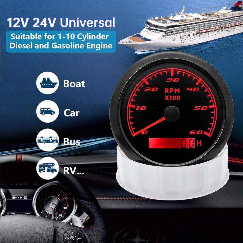 MAIMEIMI Tachometer Gauge 7 Color 0-6000 RPM Tacho Meter 85mm 3 3/8" for Auto Boat Marine Vehicle（Black） - Image 2