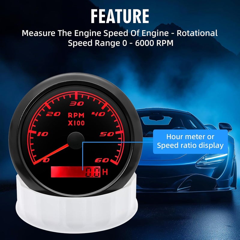 MAIMEIMI Tachometer Gauge 7 Color 0-6000 RPM Tacho Meter 85mm 3 3/8" for Auto Boat Marine Vehicle（Black） - Image 3