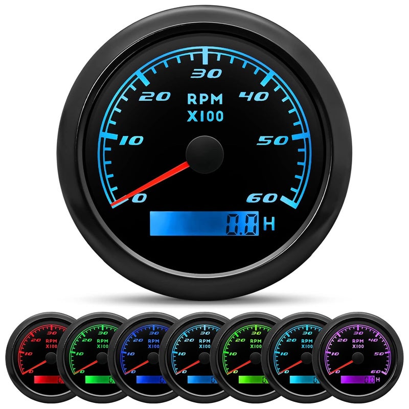 MAIMEIMI Tachometer Gauge 7 Color 0-6000 RPM Tacho Meter 85mm 3 3/8" for Auto Boat Marine Vehicle（Black） - Image 1