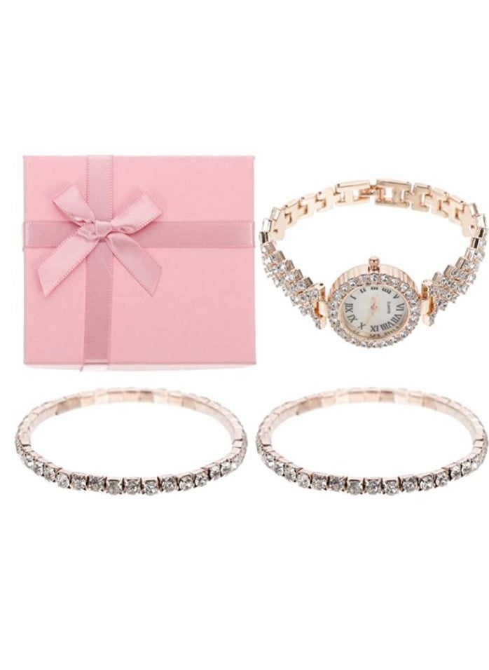 Excefore - Women Luxury Watches, 2 Pcs Lady Watches with Bracelet Set, Analogue Quartz Diamond Watches with Stainless Steel Strap, Lady Rhinestone Wrist Watch+Jewelry Cuff Bracelet Set - Image 1