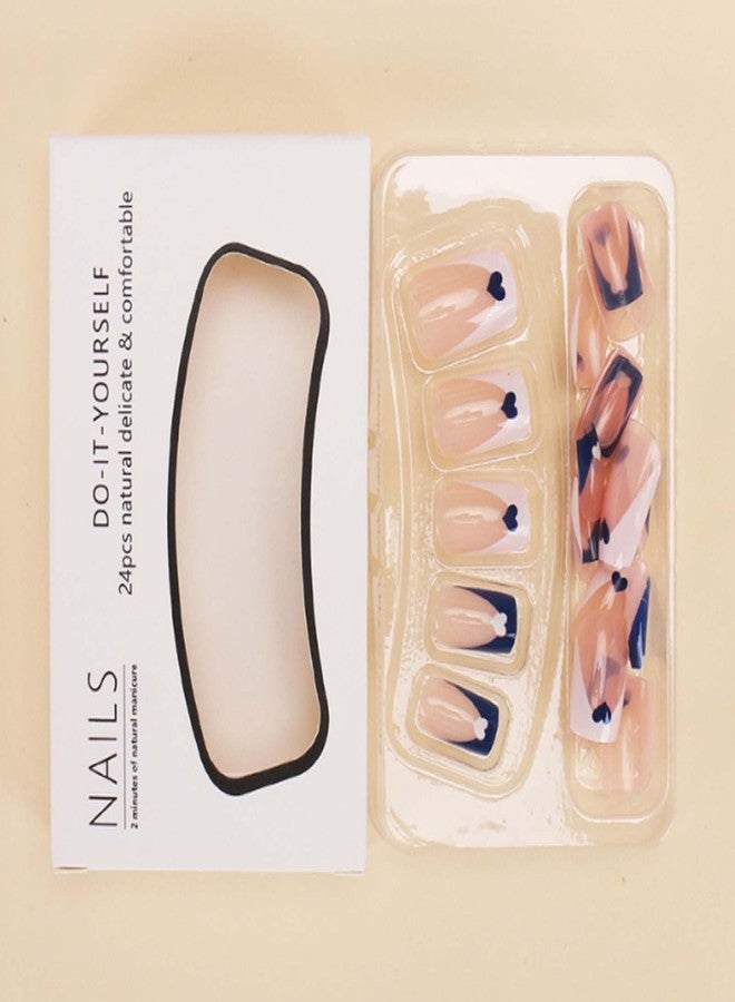 YoYoee Medium French False Nails Nude Square Nails Tips Cute Press on Nails Blue Fake Nails for Women and Girls 24PCS - Image 3