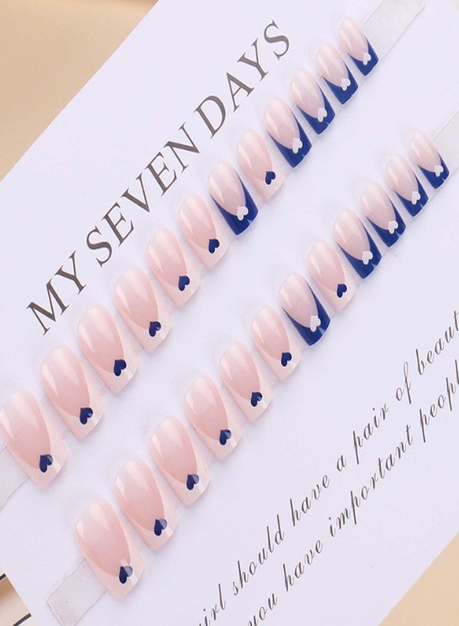 YoYoee Medium French False Nails Nude Square Nails Tips Cute Press on Nails Blue Fake Nails for Women and Girls 24PCS - Image 2