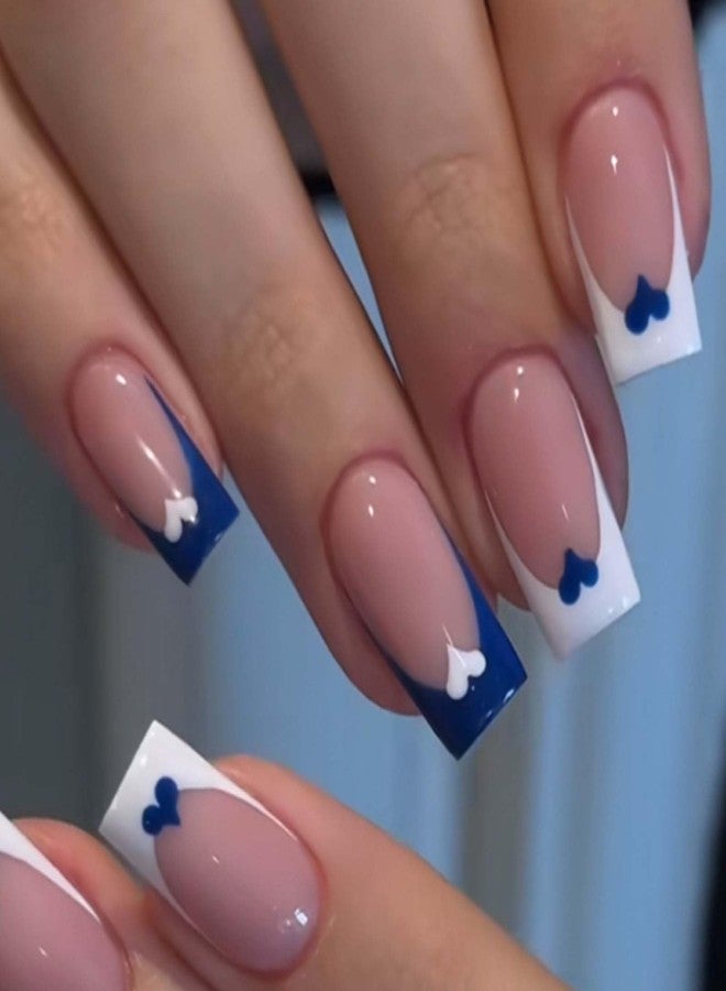 YoYoee Medium French False Nails Nude Square Nails Tips Cute Press on Nails Blue Fake Nails for Women and Girls 24PCS - Image 1