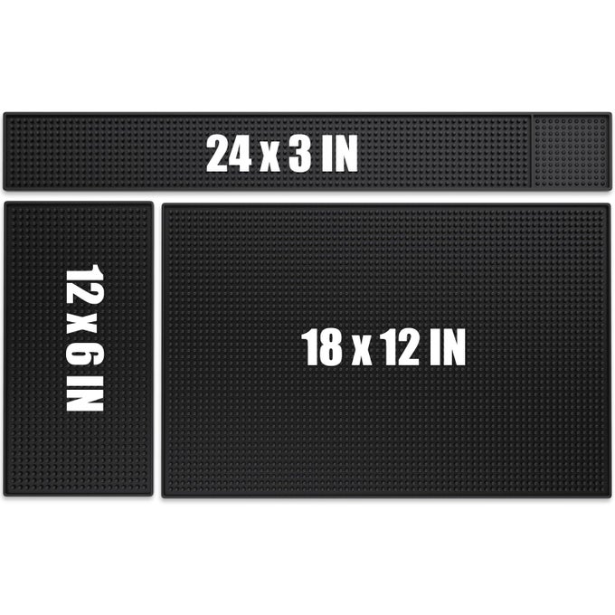 3PCS BLACK RUBBER BAR SERVICE SPILL MAT BARBER STATION MAT FLEXIBLE BAR MAT SET FOR COUNTERTOP WATERPROOF HOME BAR MATS RESTAURANT SERVICE MAT NONSLIP DRYING MAT 24X3 18X12 12X6INCH