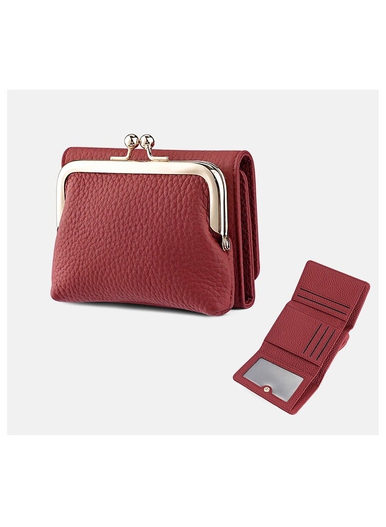 SKT Shiketro Genuine Leather Women's Wallet Japanese Style Three-Fold Coin Purse Top Layer Cowhide High-Grade Coin Purse  [Claret] - Image 2
