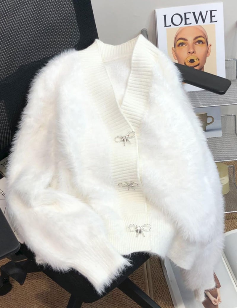 Yimoon Women's Cropped Fuzzy Cardigan Sweater Bowknot Brooch Button Knit Cardigans V Neck Long Sleeve Soft Knitwear(White-M) - Image 3