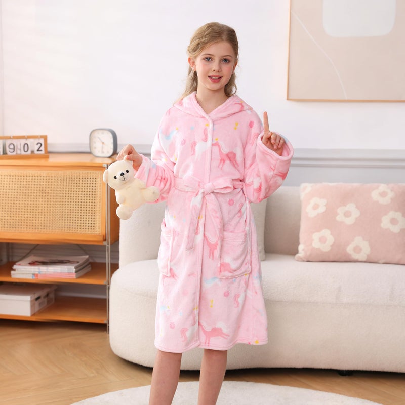 V.&GRIN Girls Fleece Hooded Robe, Kids Soft Plush Warm Printed Bathrobe Sleepwear Gifts for 5-14 Years(Rainbow-pink13-14) - Image 4