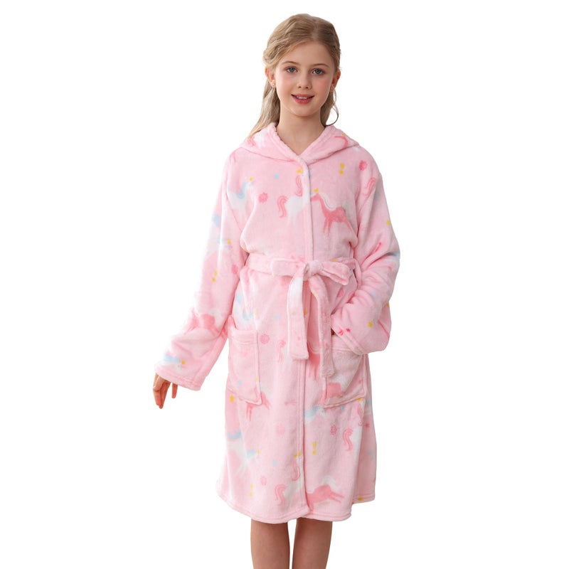 V.&GRIN Girls Fleece Hooded Robe, Kids Soft Plush Warm Printed Bathrobe Sleepwear Gifts for 5-14 Years(Rainbow-pink13-14) - Image 1