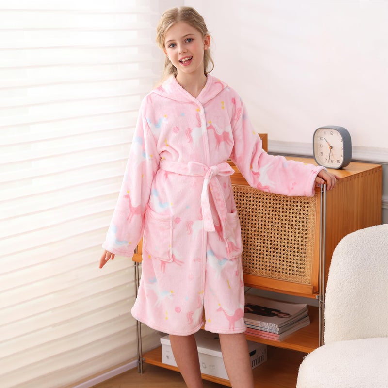 V.&GRIN Girls Fleece Hooded Robe, Kids Soft Plush Warm Printed Bathrobe Sleepwear Gifts for 5-14 Years(Rainbow-pink13-14) - Image 3
