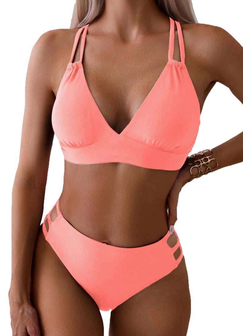 Tainehs Women's Push Up V Neck Bikini Sets Criss Cross Back Two Piece Bathing Suit Coral Pink - Image 1