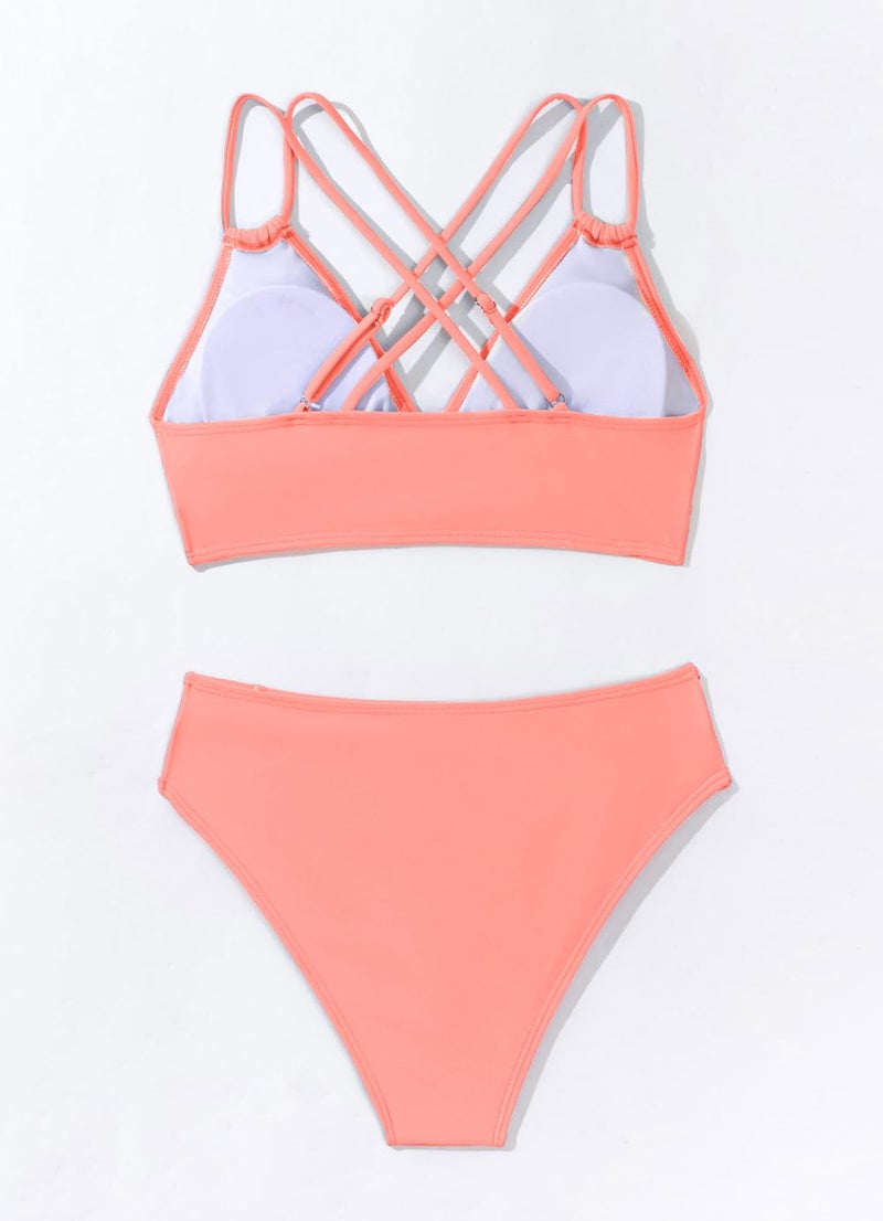 Tainehs Women's Push Up V Neck Bikini Sets Criss Cross Back Two Piece Bathing Suit Coral Pink - Image 4