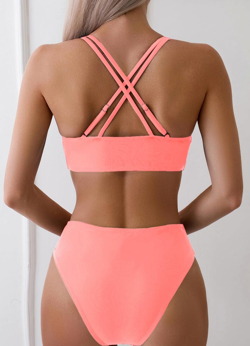 Tainehs Women's Push Up V Neck Bikini Sets Criss Cross Back Two Piece Bathing Suit Coral Pink - Image 2