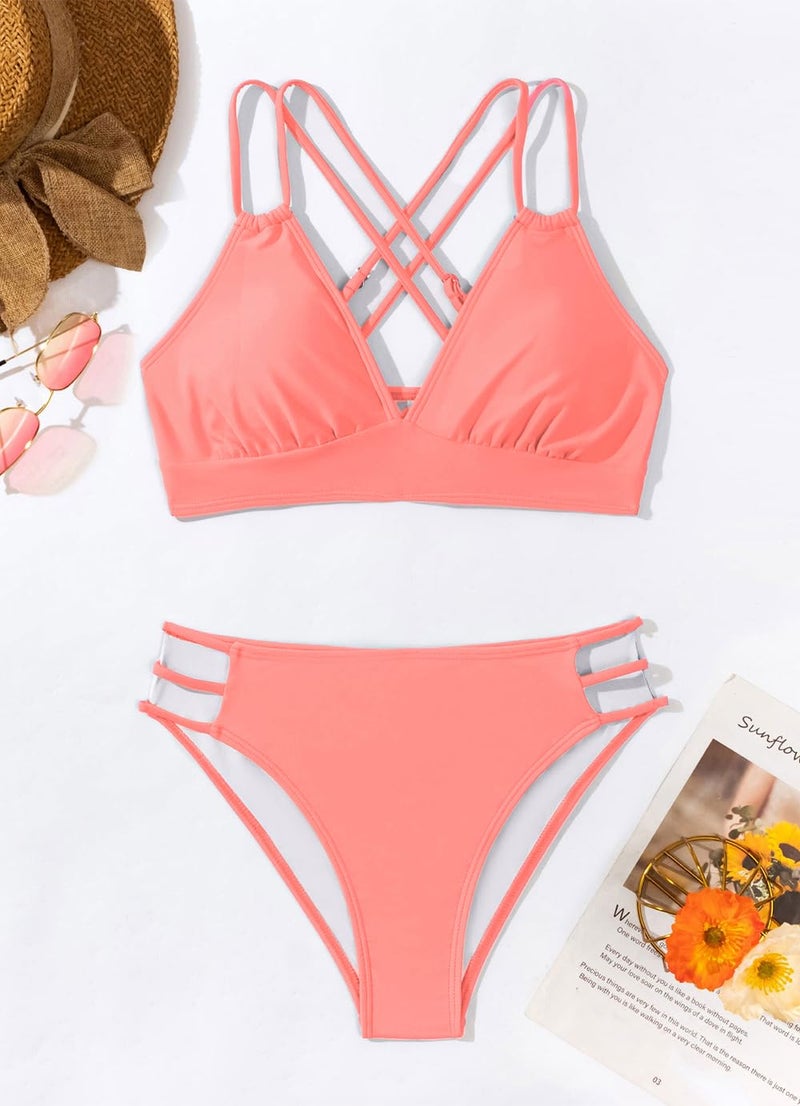 Tainehs Women's Push Up V Neck Bikini Sets Criss Cross Back Two Piece Bathing Suit Coral Pink - Image 3
