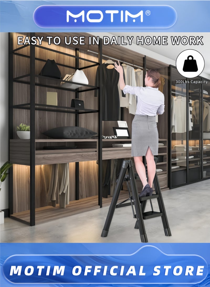 موتيم سلم ثلاثي الخطوات سلم منزلي قابل للطي مع دواسة عريضة غير قابلة للانزلاق سلم خفيف الوزن وموفر للمساحة للاستخدام المنزلي والمطبخ والحديقة والمكتب - Image 3