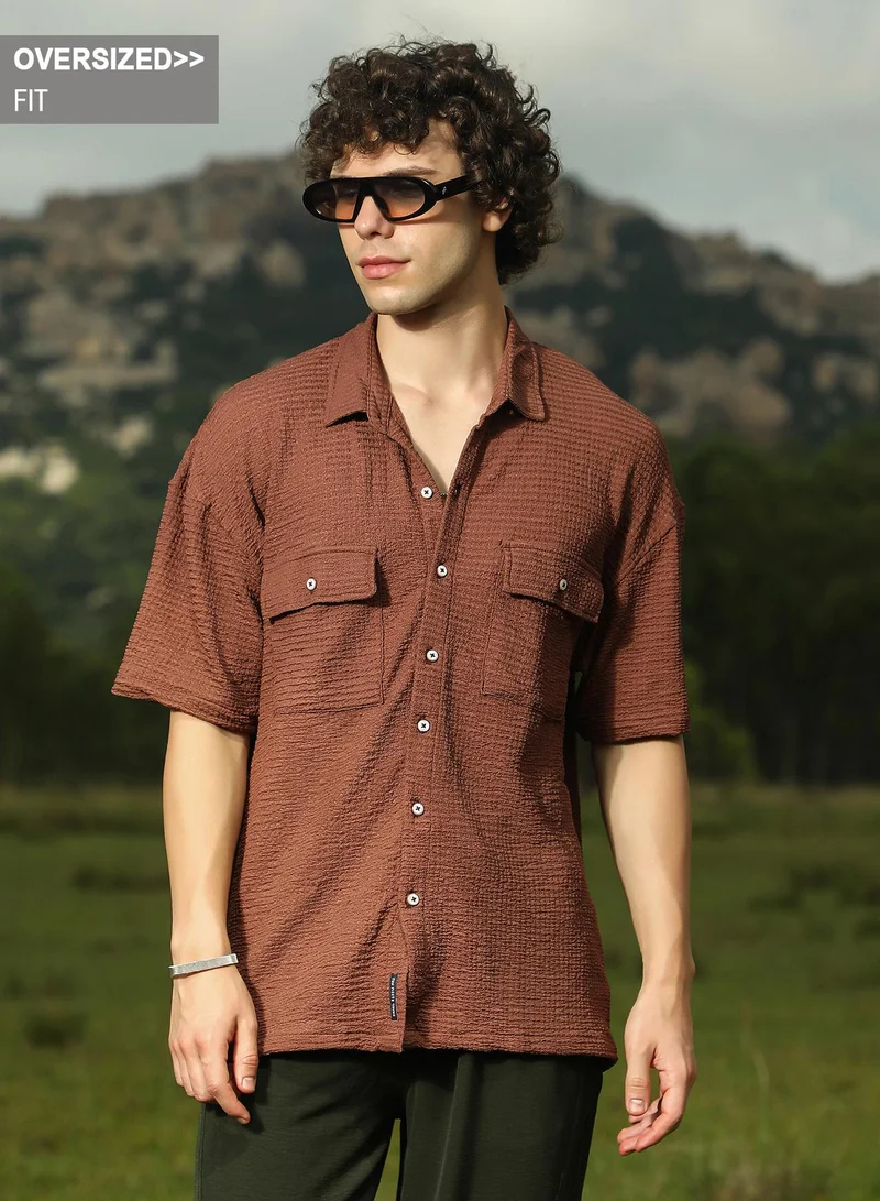 Campus Sutra Campus Sutra Men's Mocha Brown Tactile-Utility Oversized Shirt For Casual Wear | Spread Collar | Short Regular Sleeves | Button Closure | Oversized Shirt Crafted With Comfort Fit For Everyday Wear