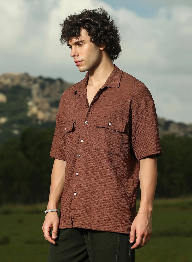كامبوس سوترا Men's Mocha Brown Tactile-Utility Oversized Shirt