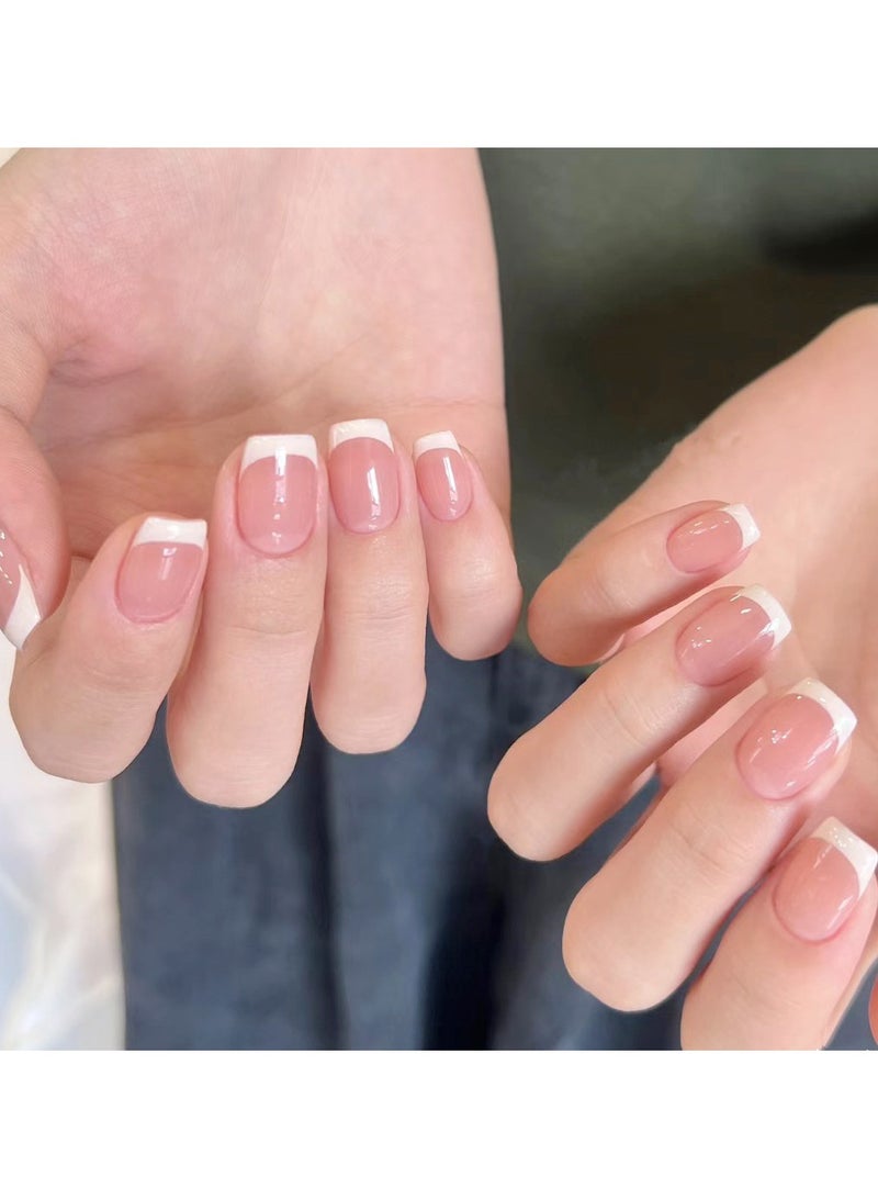 kaixin Classic Wide White French Tip Press on Nails - 24Pcs Glossy Jelly Nude Pink Short Square Fake Nails with Liquid Nail Glue Universal Full Cover - Image 3