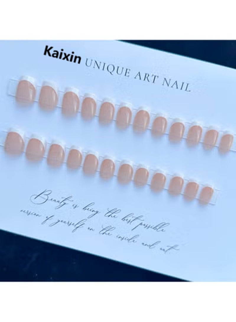kaixin Classic Wide White French Tip Press on Nails - 24Pcs Glossy Jelly Nude Pink Short Square Fake Nails with Liquid Nail Glue Universal Full Cover - Image 2