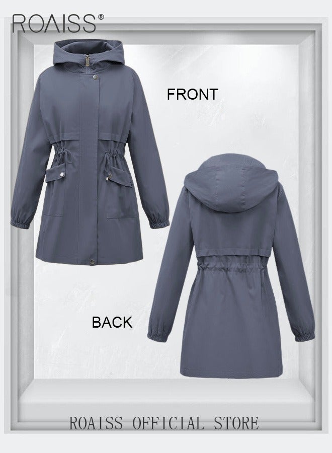roaiss Women Mountain Hoodie Windbreaker Ladies Hooded Blouson Trench Long Coat Female Lined Slimming Coat Women Zip-In Windproof Lightweight Breathable Coat  - Image 4