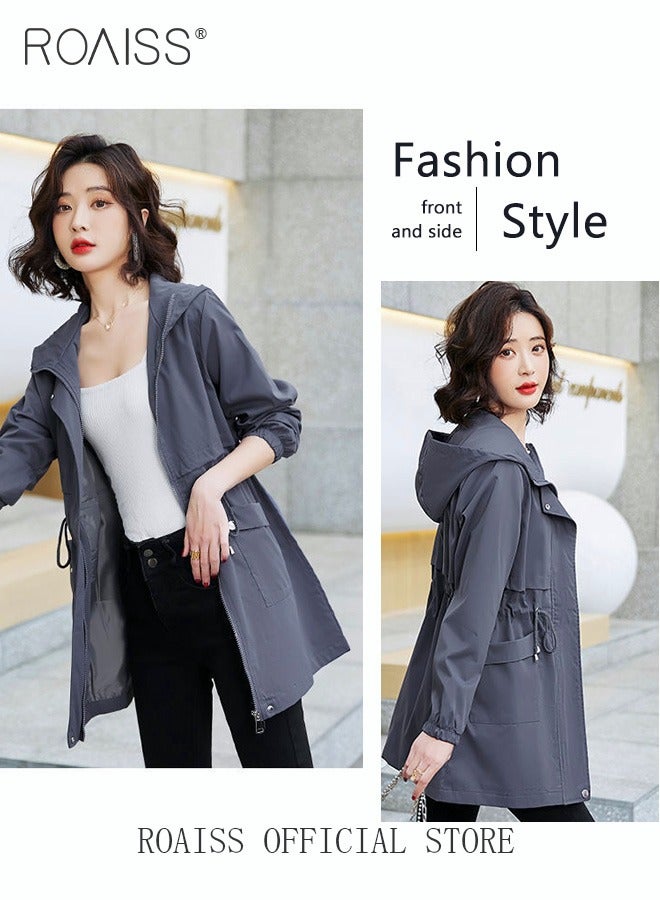 roaiss Women Mountain Hoodie Windbreaker Ladies Hooded Blouson Trench Long Coat Female Lined Slimming Coat Women Zip-In Windproof Lightweight Breathable Coat  - Image 3