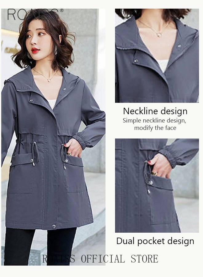 roaiss Women Mountain Hoodie Windbreaker Ladies Hooded Blouson Trench Long Coat Female Lined Slimming Coat Women Zip-In Windproof Lightweight Breathable Coat  - Image 5