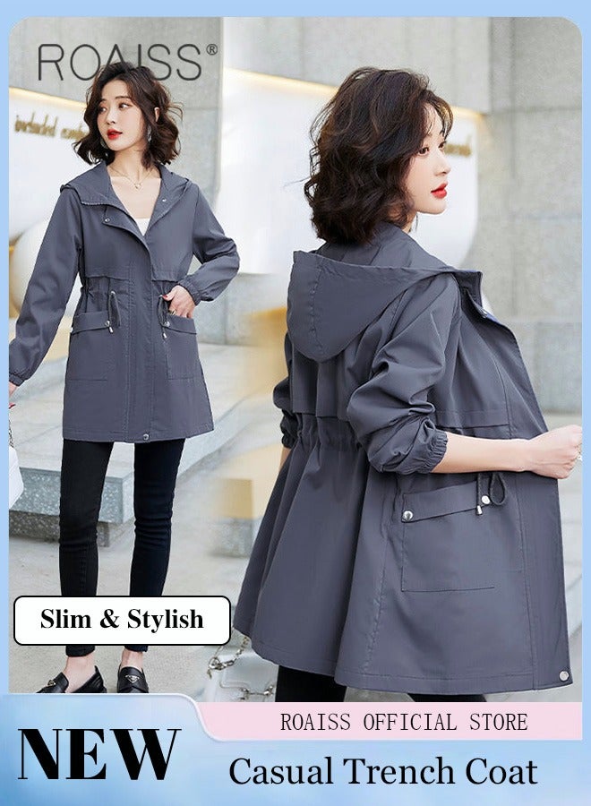 roaiss Women Mountain Hoodie Windbreaker Ladies Hooded Blouson Trench Long Coat Female Lined Slimming Coat Women Zip-In Windproof Lightweight Breathable Coat  - Image 2