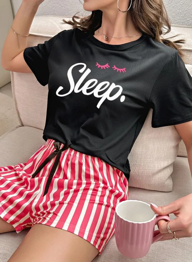 Take Two Black Slogan Text Print T-Shirt and Striped Shorts Set