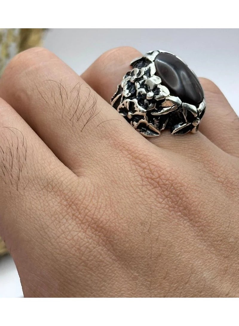 OtherMax A ring crowned with a cherry Yemeni agate stone - Image 1