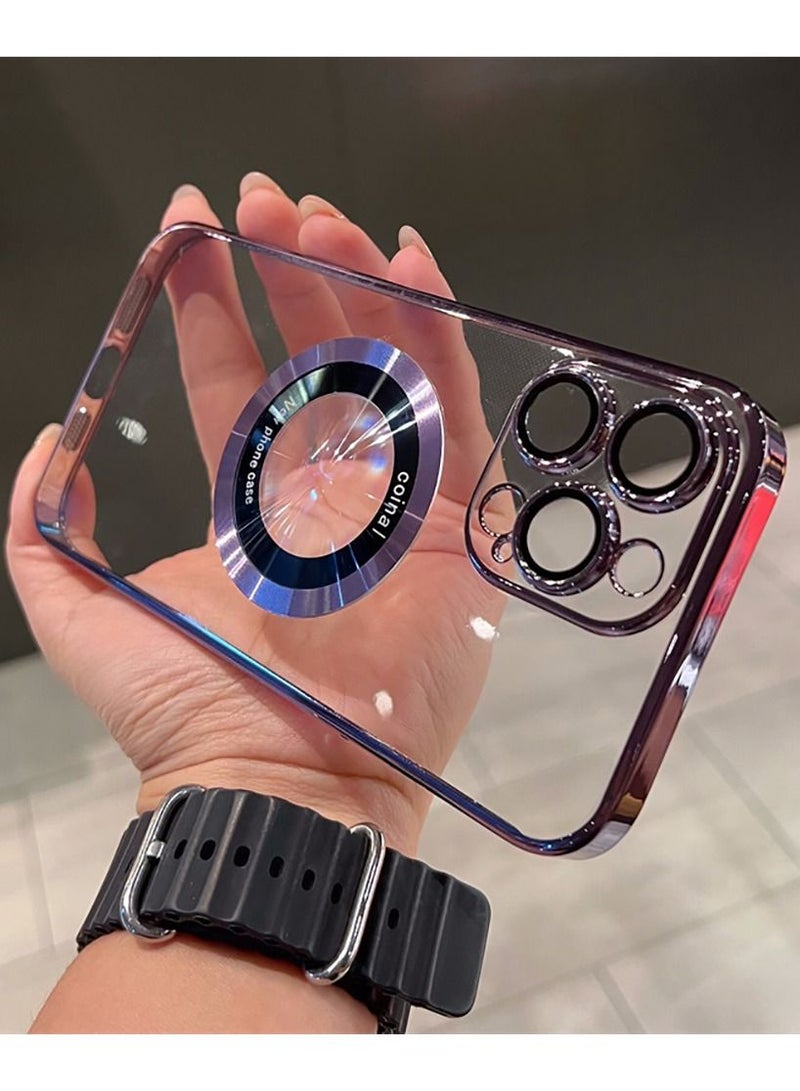 NIBEMINENT for iPhone 14 Pro Max Case Magnetic Compatible with Magsafe Glass Lens Camera Protector Logo View Hard Luxury Phone Women Men Transparent Cover Purple - Image 2