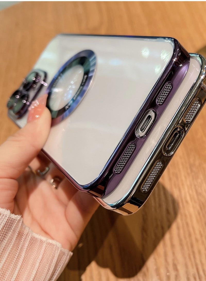 NIBEMINENT for iPhone 14 Pro Max Case Magnetic Compatible with Magsafe Glass Lens Camera Protector Logo View Hard Luxury Phone Women Men Transparent Cover Purple - Image 5