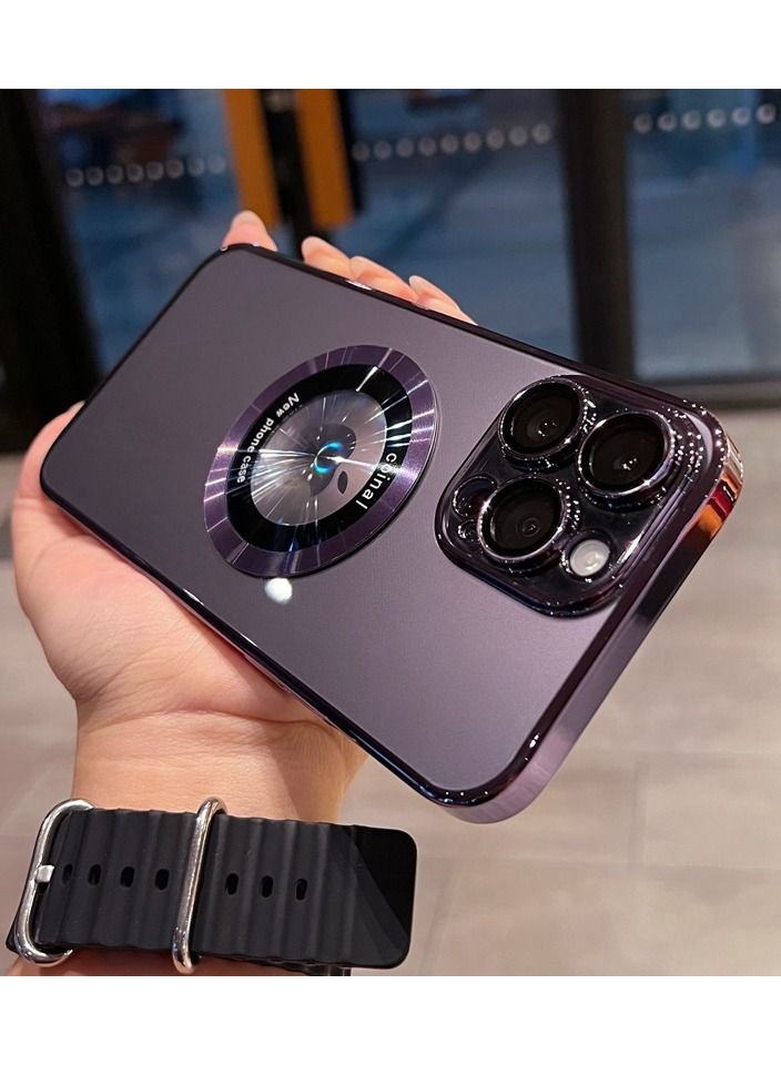 NIBEMINENT for iPhone 14 Pro Max Case Magnetic Compatible with Magsafe Glass Lens Camera Protector Logo View Hard Luxury Phone Women Men Transparent Cover Purple - Image 4
