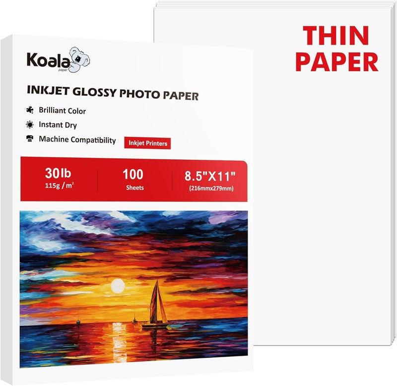 Koala PAPER Glossy Thin Inkjet 8.5x11 Inches 100 Sheets Compatible with Inkjet Printer Use DYE INK 115gsm - Image 1