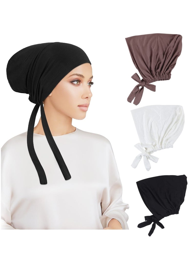 Mmmon 3Pcs Muslim Turban Hat with Tie Back Closure, Inner Hijab Caps, Underscarf Bonnet Hats, Female Headwrap Turbante Mujer,1 Black 1 White and 1 Khaki - Image 1