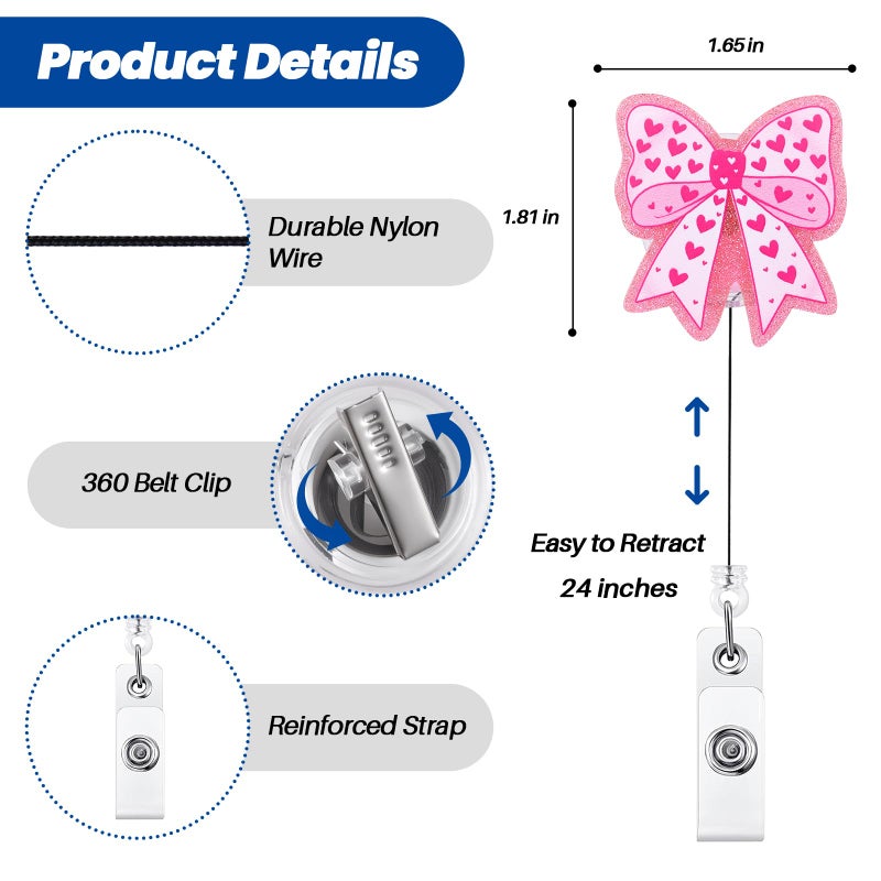 BVIIE Pink Bow Badge Reel  Cute Heart Retractable Id Card Badge Holder  Name Tag Work Badge Clip For Icu Nicu Rn Lpn Cna Ma Er Night Shift Nurse Nursing Student Pediatric Ob/Gyn Doctor Teacher  Nurse Gifts - Image 4