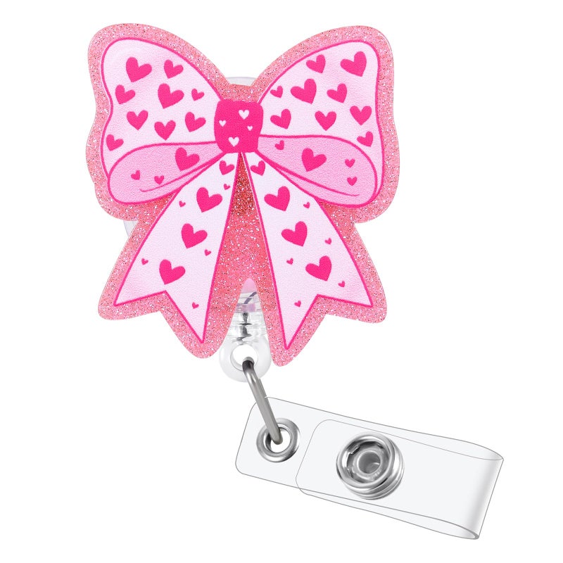 BVIIE Pink Bow Badge Reel  Cute Heart Retractable Id Card Badge Holder  Name Tag Work Badge Clip For Icu Nicu Rn Lpn Cna Ma Er Night Shift Nurse Nursing Student Pediatric Ob/Gyn Doctor Teacher  Nurse Gifts - Image 1