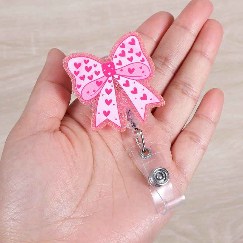 BVIIE Pink Bow Badge Reel  Cute Heart Retractable Id Card Badge Holder  Name Tag Work Badge Clip For Icu Nicu Rn Lpn Cna Ma Er Night Shift Nurse Nursing Student Pediatric Ob/Gyn Doctor Teacher  Nurse Gifts - Image 2