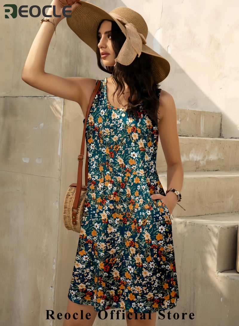 REOCLE Women's Summer Dress 2025 Sleeveless Floral Boho Sundress Swimsuit Coverup Casual Loose Beach Vacation Tank Dresses - Image 2