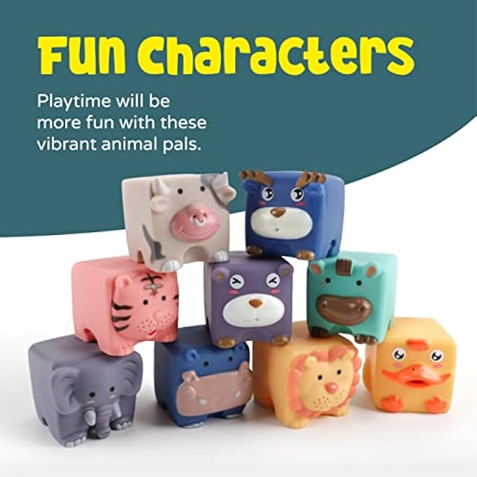 ANIMAL BUILDING BLOCKS – SET OF 9 SQUEEZE AND STACK LEARNING TOYS – COLORFUL AND TEXTURED WITH NUMBERS, ANIMALS, AND SHAPES – MONTESSORI BUILDING & CONSTRUCTION TOYS – FOR 18M+ - Image 2