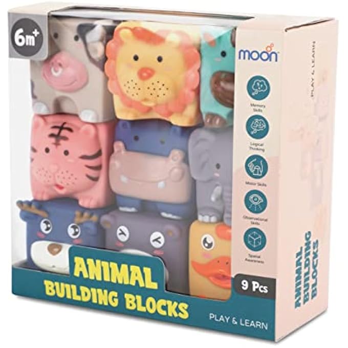 ANIMAL BUILDING BLOCKS – SET OF 9 SQUEEZE AND STACK LEARNING TOYS – COLORFUL AND TEXTURED WITH NUMBERS, ANIMALS, AND SHAPES – MONTESSORI BUILDING & CONSTRUCTION TOYS – FOR 18M+ - Image 5