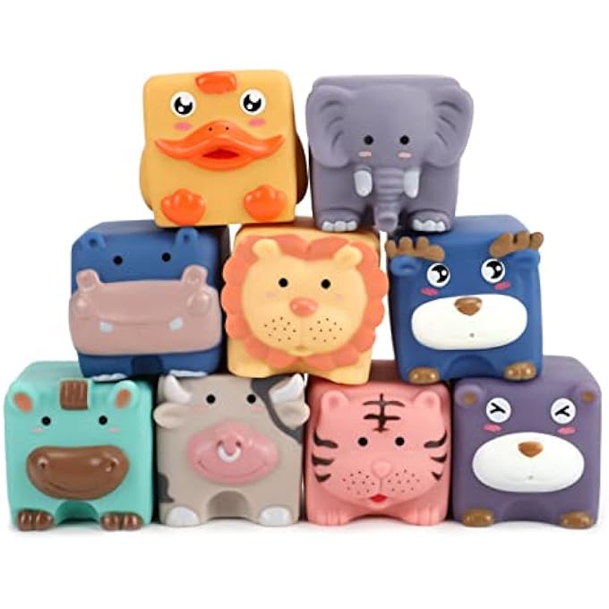 ANIMAL BUILDING BLOCKS – SET OF 9 SQUEEZE AND STACK LEARNING TOYS – COLORFUL AND TEXTURED WITH NUMBERS, ANIMALS, AND SHAPES – MONTESSORI BUILDING & CONSTRUCTION TOYS – FOR 18M+ - Image 1