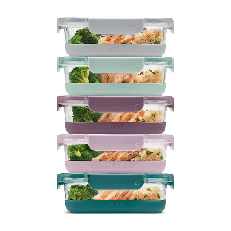 Ello Duraglass 3.4 Cup Meal Prep Sets 10Pc, 5 Pack Set- Glass Food Storage Container with Silicone Boot and Airtight BPA-Free Plastic Lids, Dishwasher, Microwave, and Freezer Safe, Garden Goals - Image 1