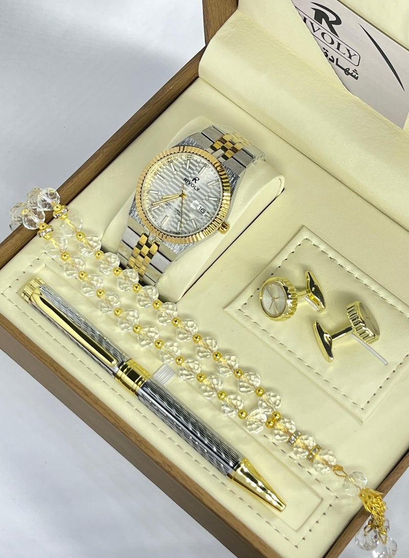 RR Men's stainless steel set consisting of a watch, a rosary, a pen and cufflinks
