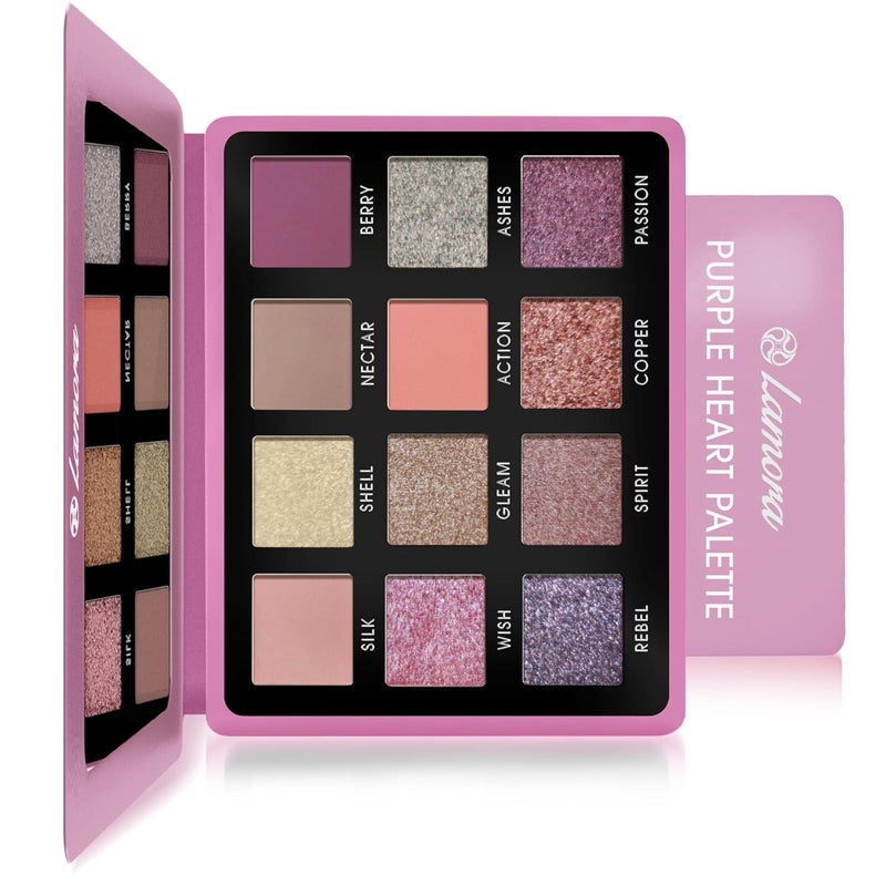 Lamora Nude Pink Eyeshadow Palette  12 Rose Highly Pigmented Shimmer  Matte Shades  Travel Size Makeup Palette with Mirror
